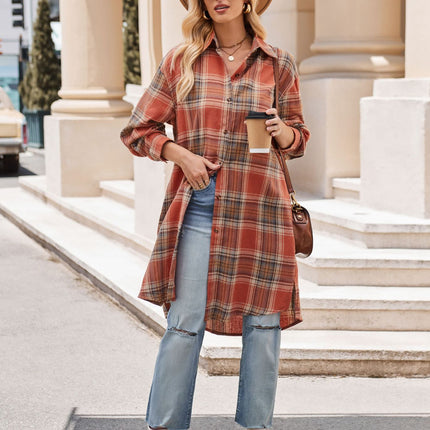 Women's Lounge Lapel Button Up Long Sleeve Plaid Long Shirt Jacket Shacket