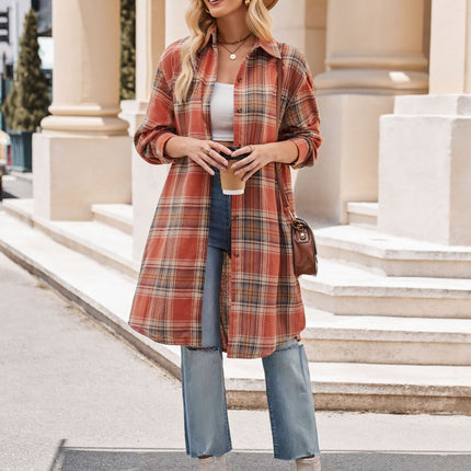 Women's Lounge Lapel Button Up Long Sleeve Plaid Long Shirt Jacket Shacket