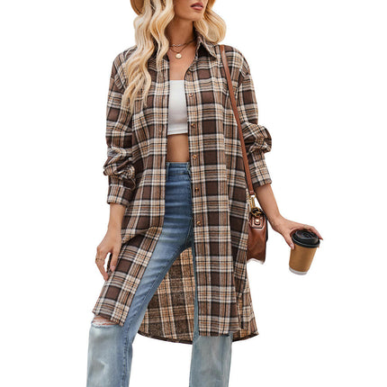 Women's Lounge Lapel Button Up Long Sleeve Plaid Long Shirt Jacket Shacket