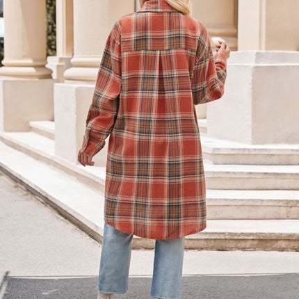 Women's Lounge Lapel Button Up Long Sleeve Plaid Long Shirt Jacket Shacket