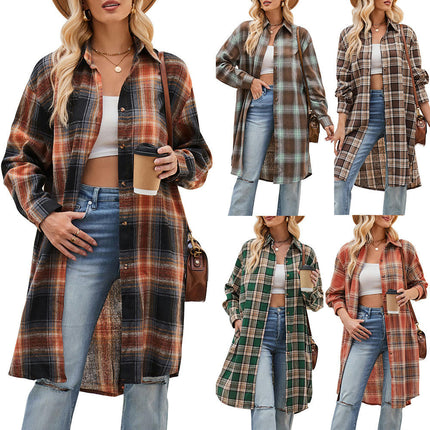 Women's Lounge Lapel Button Up Long Sleeve Plaid Long Shirt Jacket Shacket