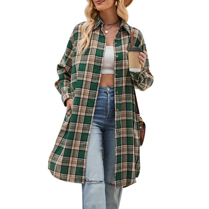 Women's Lounge Lapel Button Up Long Sleeve Plaid Long Shirt Jacket Shacket