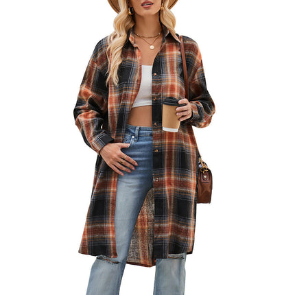 Women's Lounge Lapel Button Up Long Sleeve Plaid Long Shirt Jacket Shacket