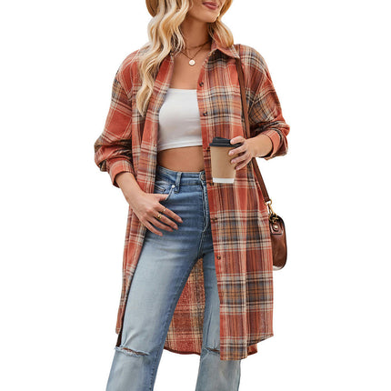 Women's Lounge Lapel Button Up Long Sleeve Plaid Long Shirt Jacket Shacket