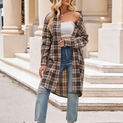 Women's Lounge Lapel Button Up Long Sleeve Plaid Long Shirt Jacket Shacket