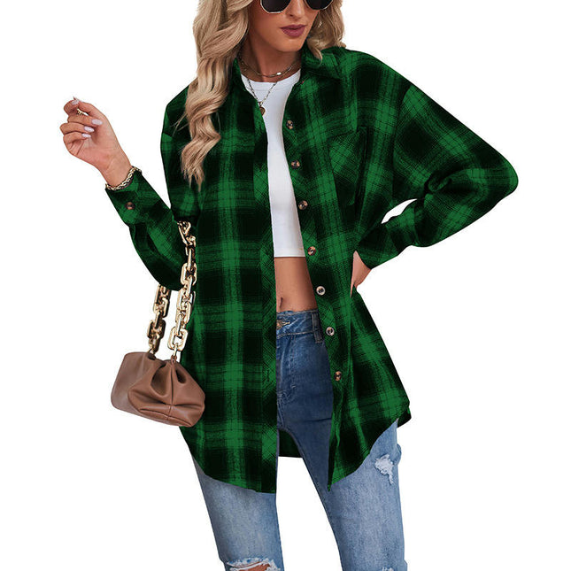 Women's Long Sleeve Collar Long Button Down Plaid Shirt Blouse Tops