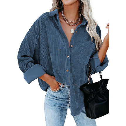 Women's Corduroy Shirts Button Down Shacket Long Sleeve Shirts Blouse Tops with Pockets