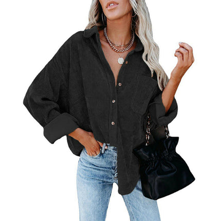 Women's Corduroy Shirts Button Down Shacket Long Sleeve Shirts Blouse Tops with Pockets