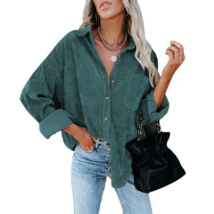 Women's Corduroy Shirts Button Down Shacket Long Sleeve Shirts Blouse Tops with Pockets