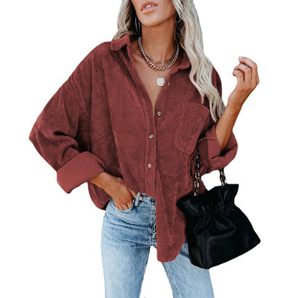 Women's Corduroy Shirts Button Down Shacket Long Sleeve Shirts Blouse Tops with Pockets