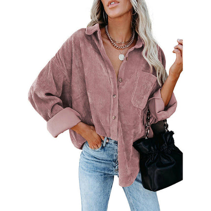 Women's Corduroy Shirts Button Down Shacket Long Sleeve Shirts Blouse Tops with Pockets