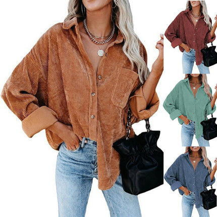 Women's Corduroy Shirts Button Down Shacket Long Sleeve Shirts Blouse Tops with Pockets