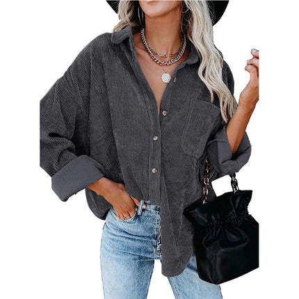 Women's Corduroy Shirts Button Down Shacket Long Sleeve Shirts Blouse Tops with Pockets