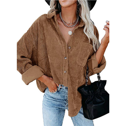 Women's Corduroy Shirts Button Down Shacket Long Sleeve Shirts Blouse Tops with Pockets