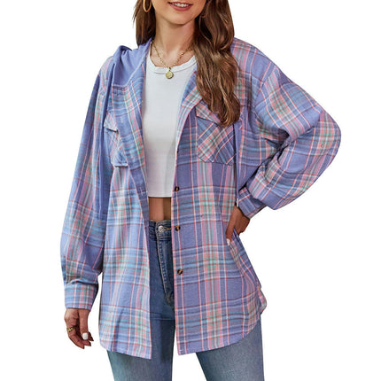 Classic Plaid Hoodies for Women - Long Sleeve Button-Up Drawstring Shirt with Pockets