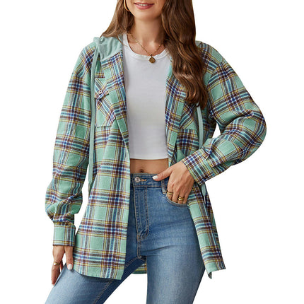 Classic Plaid Hoodies for Women - Long Sleeve Button-Up Drawstring Shirt with Pockets