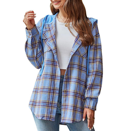 Classic Plaid Hoodies for Women - Long Sleeve Button-Up Drawstring Shirt with Pockets