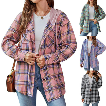 Classic Plaid Hoodies for Women - Long Sleeve Button-Up Drawstring Shirt with Pockets