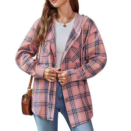 Classic Plaid Hoodies for Women - Long Sleeve Button-Up Drawstring Shirt with Pockets