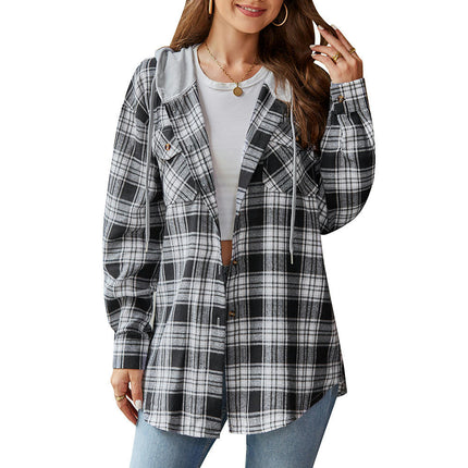 Classic Plaid Hoodies for Women - Long Sleeve Button-Up Drawstring Shirt with Pockets