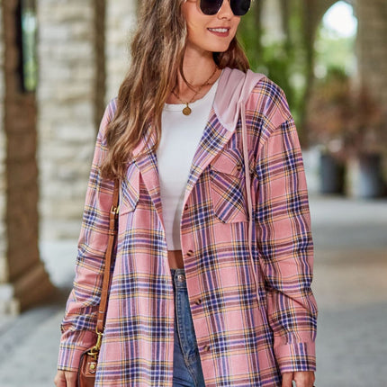 Classic Plaid Hoodies for Women - Long Sleeve Button-Up Drawstring Shirt with Pockets