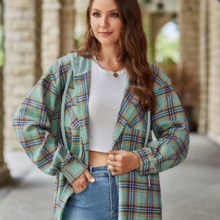 Classic Plaid Hoodies for Women - Long Sleeve Button-Up Drawstring Shirt with Pockets