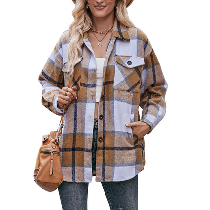 Women's Plaid Shirt Long Sleeve Drop Shoulder Lapel Button Down Shirt Blouse Tops