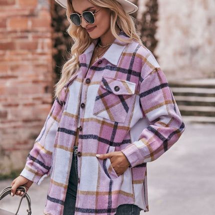 Women's Plaid Shirt Long Sleeve Drop Shoulder Lapel Button Down Shirt Blouse Tops