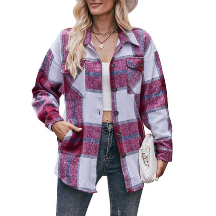 Women's Plaid Shirt Long Sleeve Drop Shoulder Lapel Button Down Shirt Blouse Tops