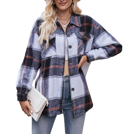 Women's Plaid Shirt Long Sleeve Drop Shoulder Lapel Button Down Shirt Blouse Tops