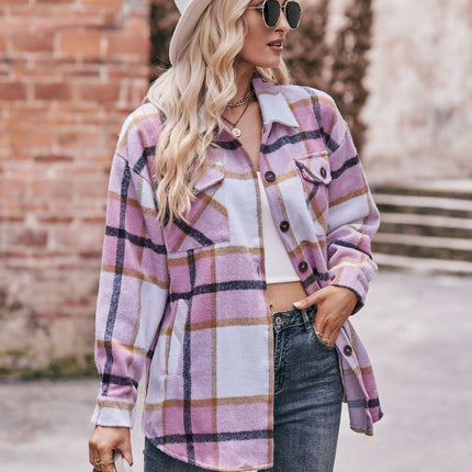 Women's Plaid Shirt Long Sleeve Drop Shoulder Lapel Button Down Shirt Blouse Tops