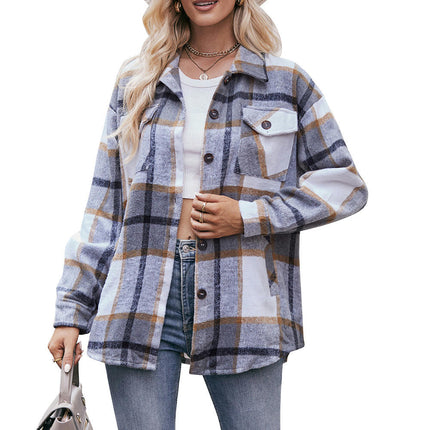 Women's Plaid Shirt Long Sleeve Drop Shoulder Lapel Button Down Shirt Blouse Tops