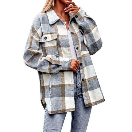 Women's Plaid Shirt Long Sleeve Drop Shoulder Lapel Button Down Shirt Blouse Tops