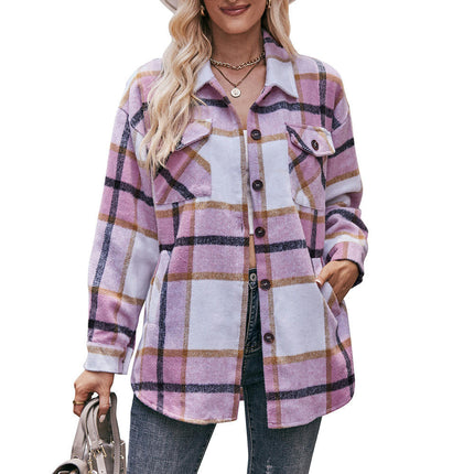 Women's Plaid Shirt Long Sleeve Drop Shoulder Lapel Button Down Shirt Blouse Tops