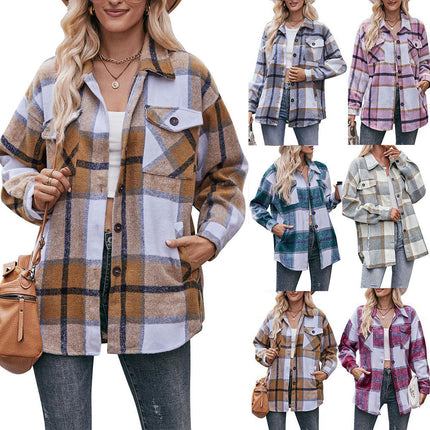 Women's Plaid Shirt Long Sleeve Drop Shoulder Lapel Button Down Shirt Blouse Tops