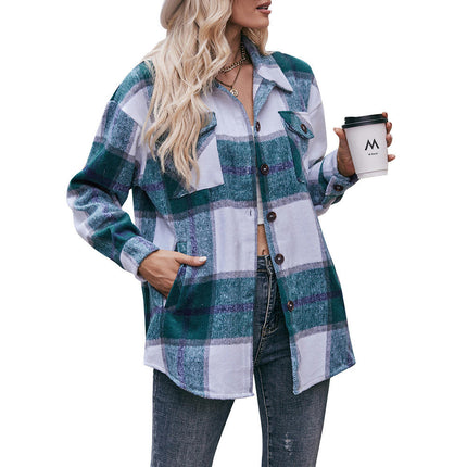 Women's Plaid Shirt Long Sleeve Drop Shoulder Lapel Button Down Shirt Blouse Tops