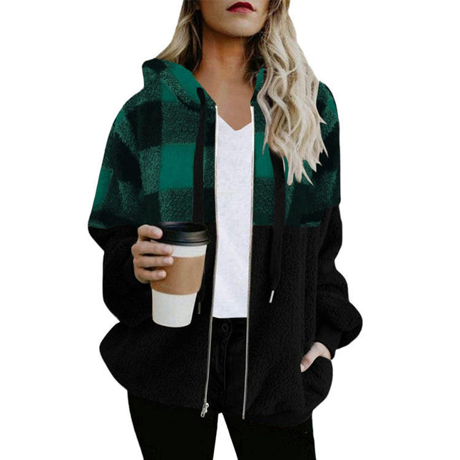 Women Full Zip Up Hoodie Plaid Drawstring Long Sleeve Outerwear with Pockets