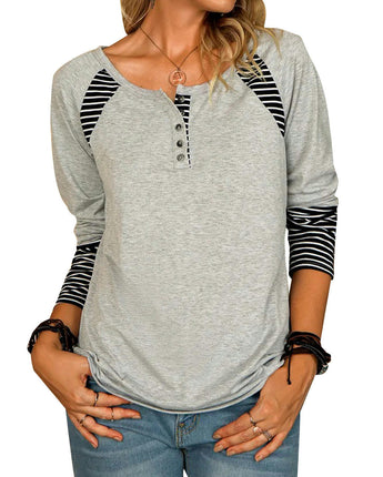 Women's Top Shirt Long Sleeve Button Front Round Neck Tee Basic Ladies Loose Fit T Shirt