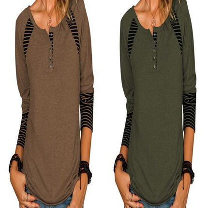 Women's Top Shirt Long Sleeve Button Front Round Neck Tee Basic Ladies Loose Fit T Shirt