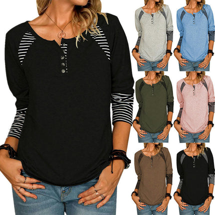 Women's Top Shirt Long Sleeve Button Front Round Neck Tee Basic Ladies Loose Fit T Shirt