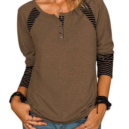 Women's Top Shirt Long Sleeve Button Front Round Neck Tee Basic Ladies Loose Fit T Shirt