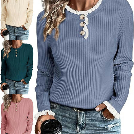 Women's Ruffle Crew Neck Long Sleeve Button Down Knit Pullover Sweater Tops