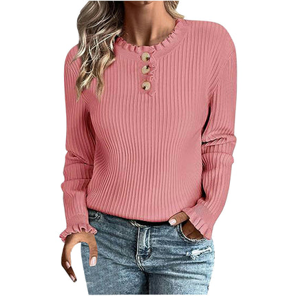 Women's Ruffle Crew Neck Long Sleeve Button Down Knit Pullover Sweater Tops