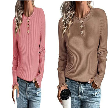 Women's Ruffle Crew Neck Long Sleeve Button Down Knit Pullover Sweater Tops