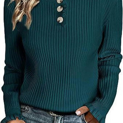 Women's Ruffle Crew Neck Long Sleeve Button Down Knit Pullover Sweater Tops