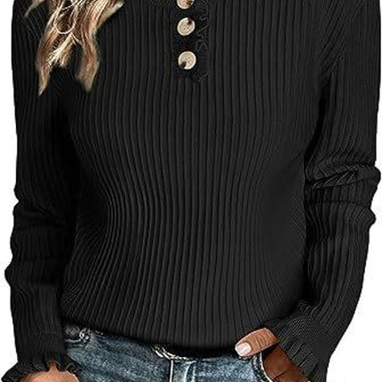 Women's Ruffle Crew Neck Long Sleeve Button Down Knit Pullover Sweater Tops