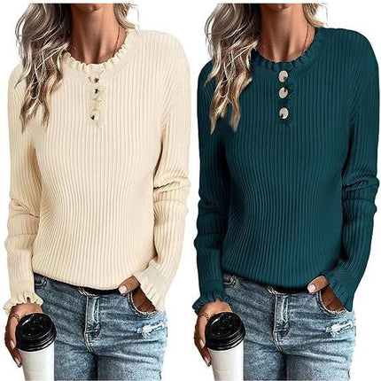 Women's Ruffle Crew Neck Long Sleeve Button Down Knit Pullover Sweater Tops