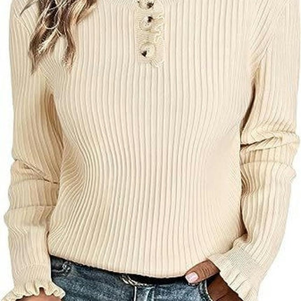 Women's Ruffle Crew Neck Long Sleeve Button Down Knit Pullover Sweater Tops