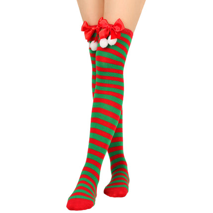 6 Pairs Striped Thigh High Socks Women's Bow Christmas Socks Teenage Knee High Stockings