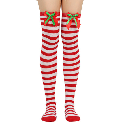 6 Pairs Striped Thigh High Socks Women's Bow Christmas Socks Teenage Knee High Stockings